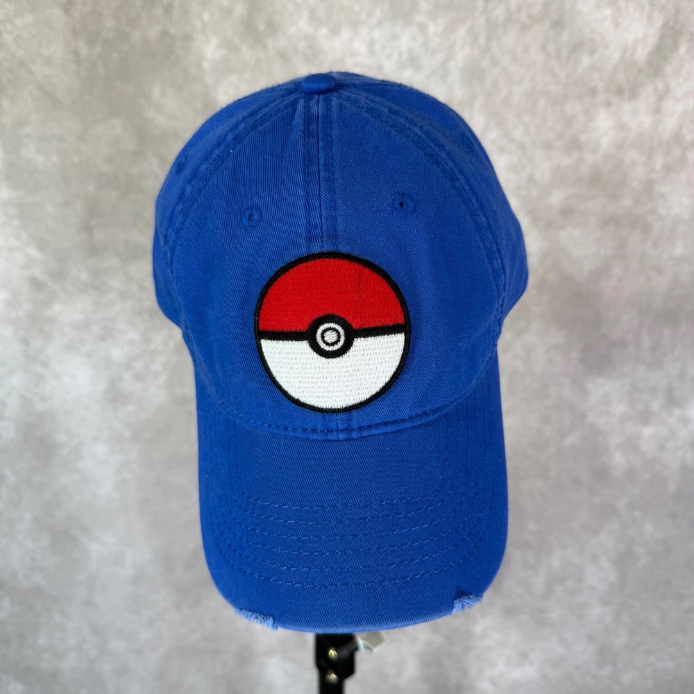 Pokémon Baseball Cap Men OSFM Blue Solid Pokéball Embroidered Distressed Hat